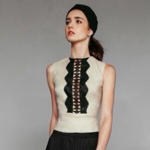 NWT Nicole Miller Artelier Sleeveless Embroidered Top | Beige & Black | Size L